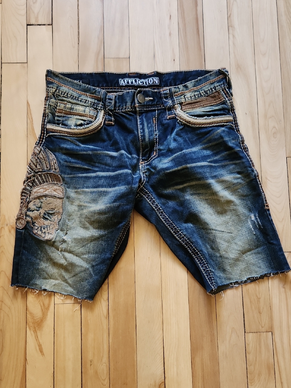 Affliction Distressed Blue Denim Shorts with Embroidered Skull